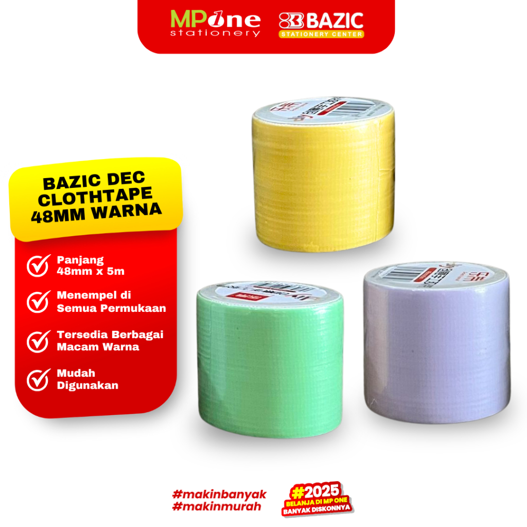

(1 ROLL) Bazic Decoration Cloth Tape Warna Warni 48mm / Lakban Dekorasi Warna BAZIC
