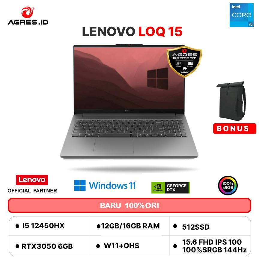 LENOVO LOQ ESSENTIAL 15 I5 12450HX RTX3050 6GB/ 16GB 512GB W11+OHS 15.6FHD 144HZ 100SRGB BLIT 2Y PRE