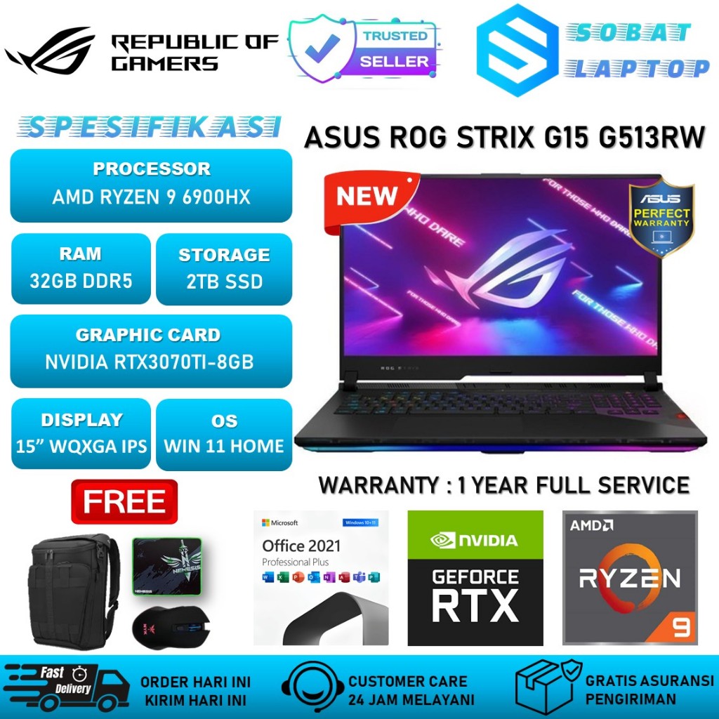 ASUS ROG Strix G15 G513RW AMD Ryzen 9 6900HX 32GB DDR5 2TB RTX3070-8GB WQHD IPS 165HZ