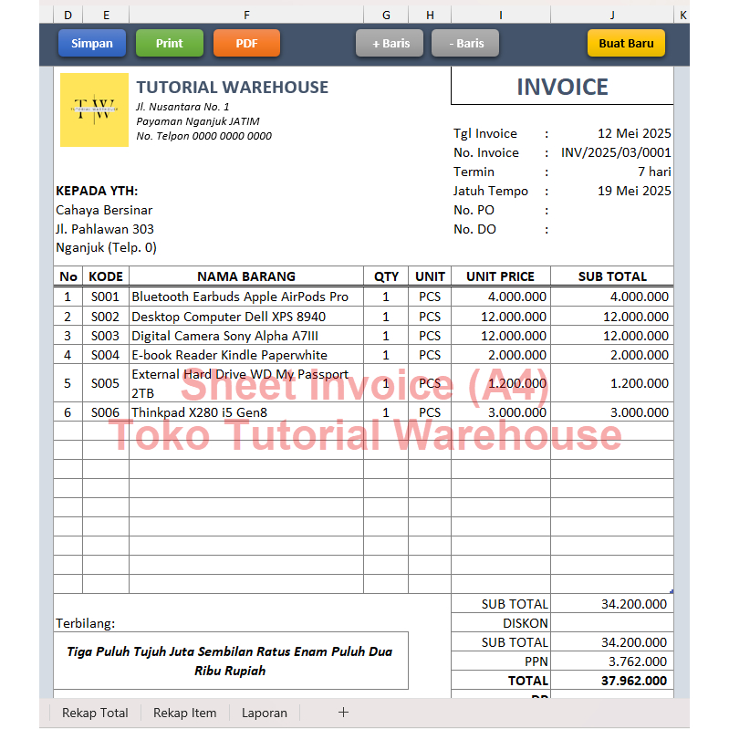 Template Excel Invoice Otomatis Simpan ke Arsip, Cetak PDF, Cetak ke Printer