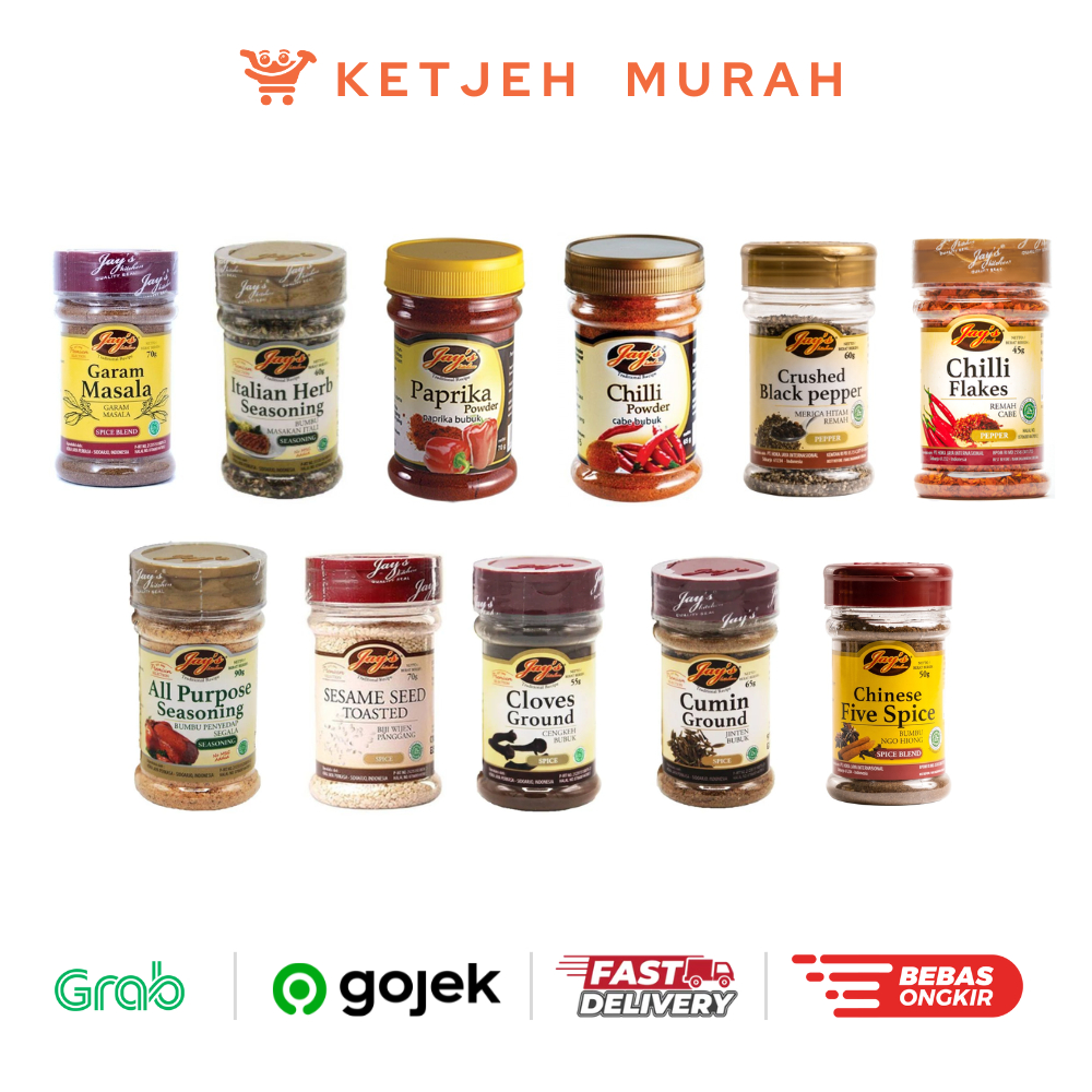 

Jay's Spice & Seasoning Paprika Powder / Italian Herb Seasoning / Garam Masala / Chilli Powder / Crushed Black Pepper / All Purpose Seasoning / Sesame Seed Toasted / Cloves Ground / Cumin Ground / Chinese Five Spices