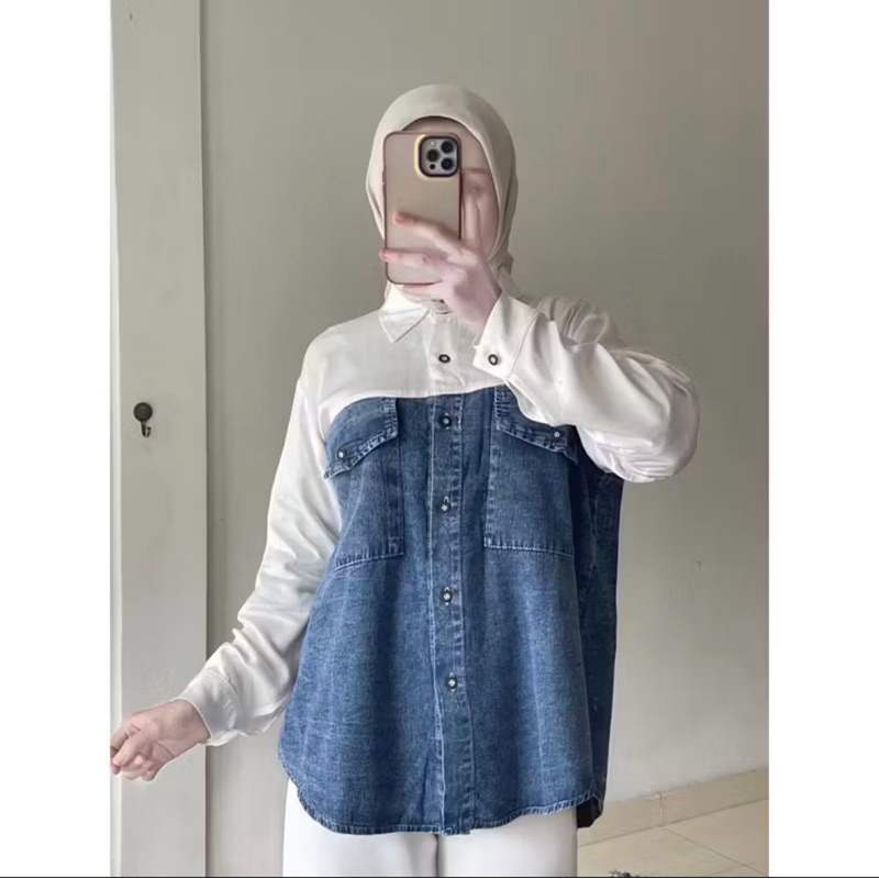 Atasan Kemeja Kombinasi jeans wanita - blouse jeans linen wanita - kemeja overzise wanita kekinian