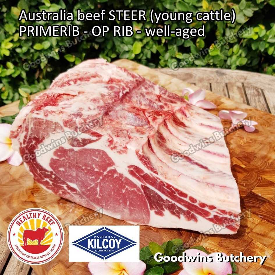 

Beef PRIMERIB OP RIB (Oven Prepared) aged-frozen WHOLE 4-7 ribs Australia STEER (young cattle) Kilcoy Blue Diamond Prime Rib