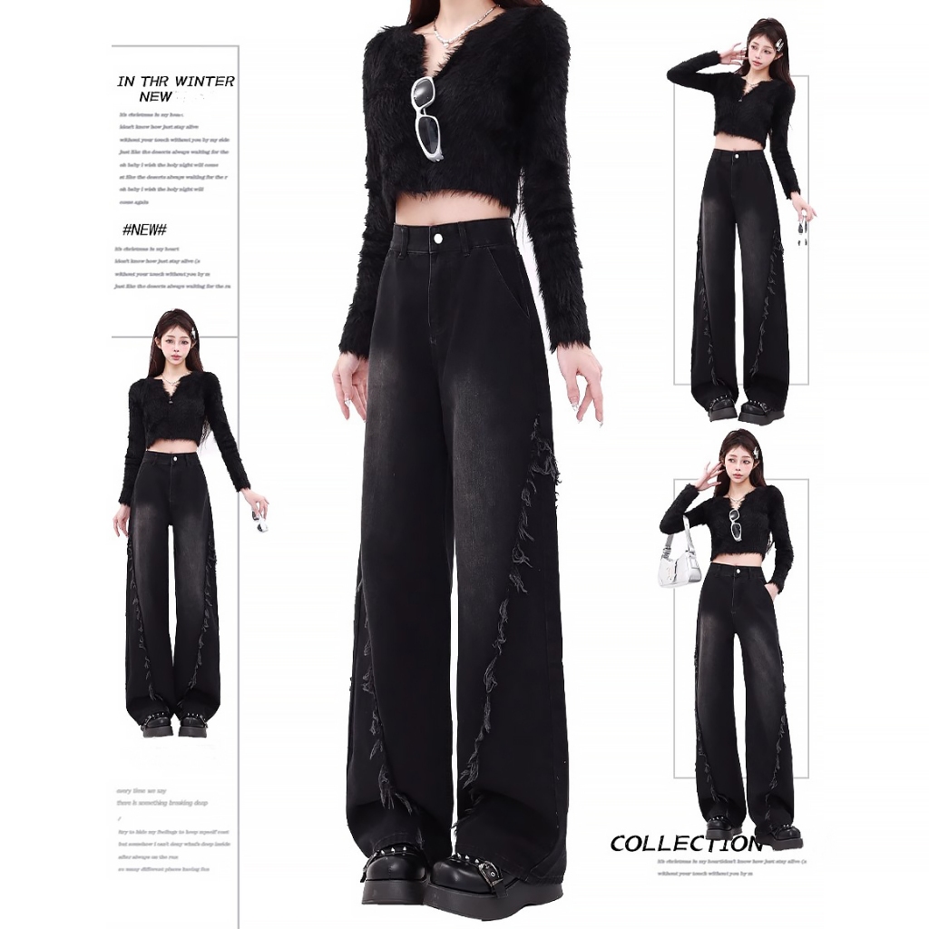 Keygirl Highwaist Baggy Loose Jeans Wanita Korean Style Gombrong Hitam ovesize Straight Wide Leg Ter
