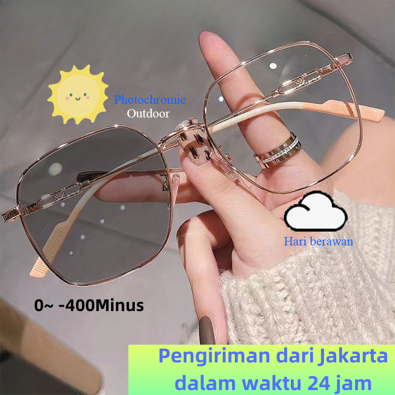 2 in1 Kacamata Minus Fashion Kacamata Photocromic 0 ~ -3.25 Wanita Anti Radiasi Unisex Kacamata 0100