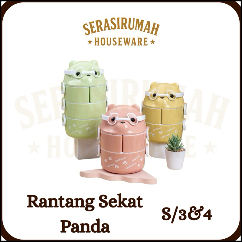 RANTANG PANDA Lovenia Susun 3 Susun 4 bonus Sendok Makan Plastik / Lunch Box Beruang Karakter Sekat 