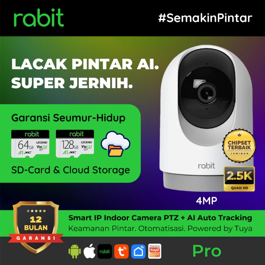 Rabit Smart CCTV IP Camera Indoor PTZ Pro 2.5k 4MP With AI Auto Motion Tracking Sirene Alarm Wide An
