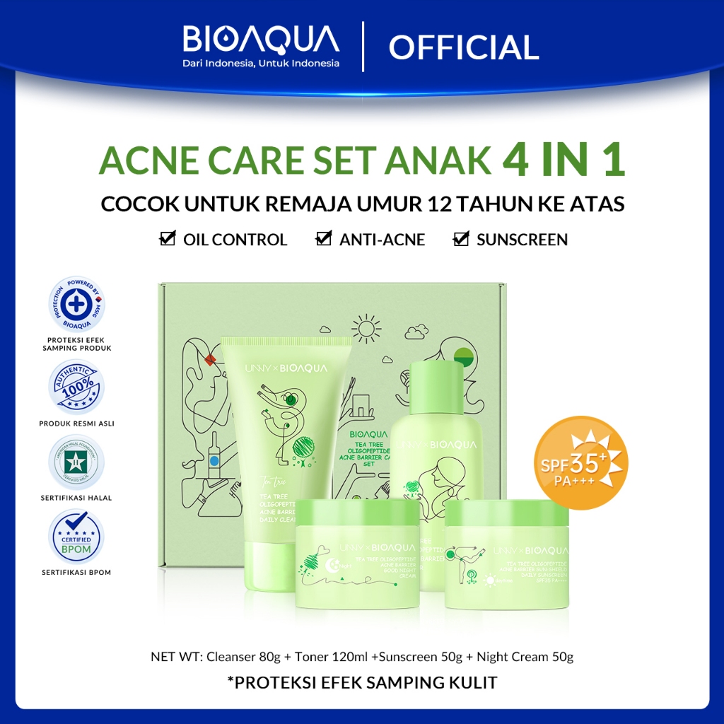 BIOAQUA Skincare Anak 12 Tahun Tree Oligopeptide Anti Acne Set 4pcs Untuk Jerawat Dan Bekas Jerawat 