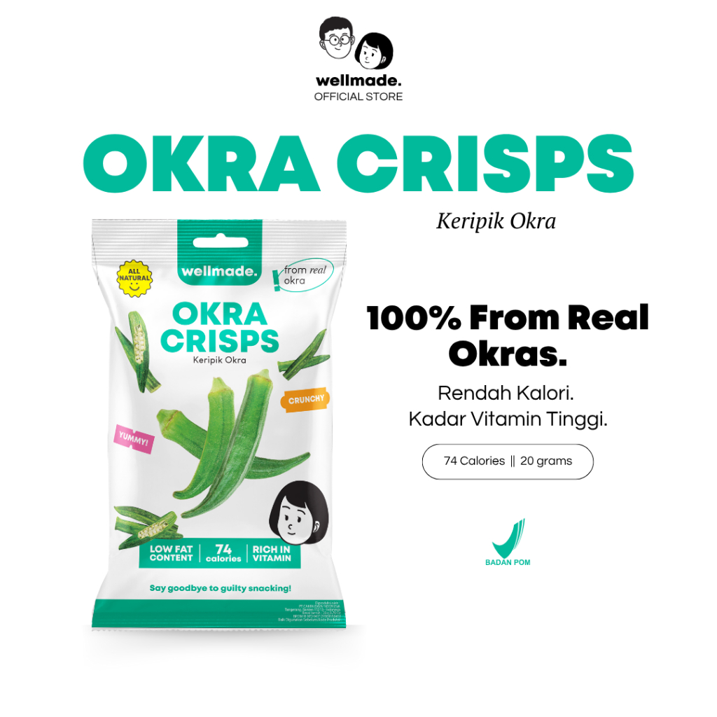 

【Keripik Okra】Wellmade Okra Crisps - 20g Pouch - Keripik Bendi Kering Rendah Kalori Camilan Sehat Snack Sayur dan Buah Kering Lokal, Low Calorie Snack