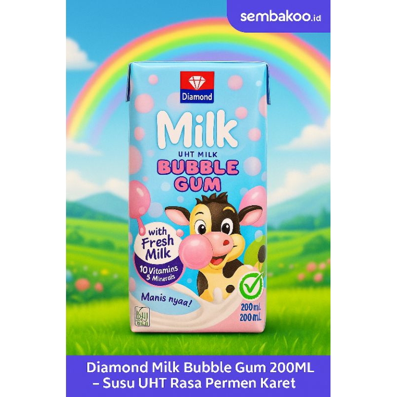 

Diamond Milk Bubble Gum 200ML - Susu UHT Rasa Permen Karet | Manis Pas, Kaya Vitamin - Halal & Segar