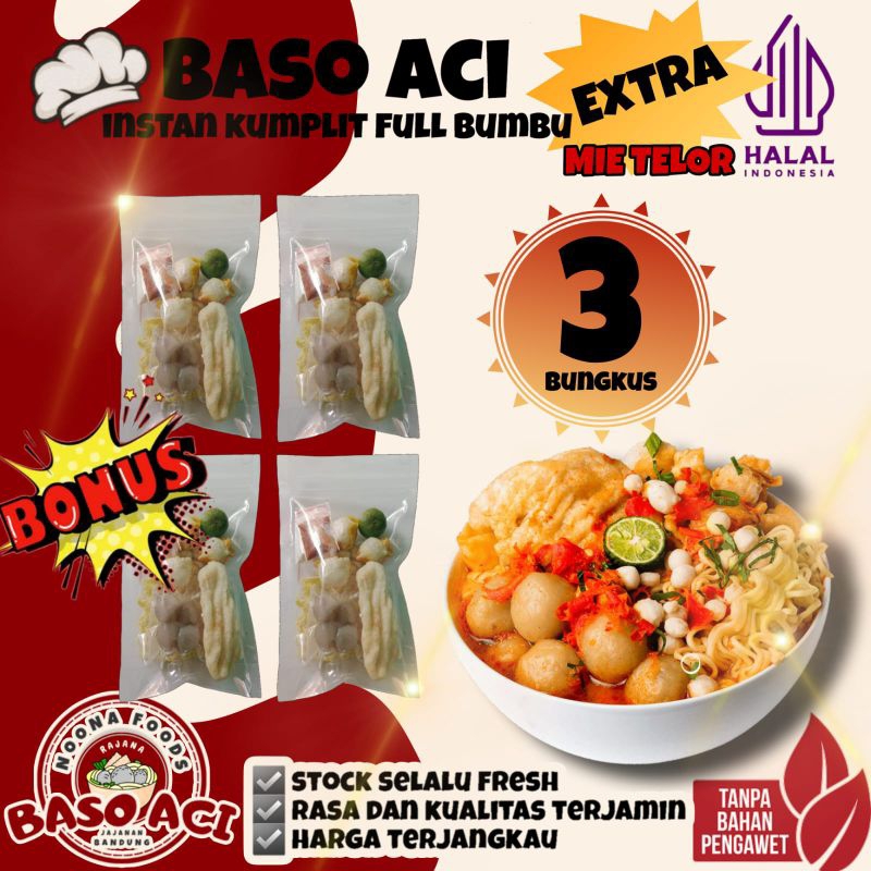 

[ PAKET ICIP 3 BUNGKUS + BONUS 1 BUNGKUS ] Baso Aci Instan Khas Bandung Komplit Full Bumbu Pedas EXTRA Mie Telor / Baci Kuah /Bakso olahan / Boci Homemade - Makanan Cemilan Viral
