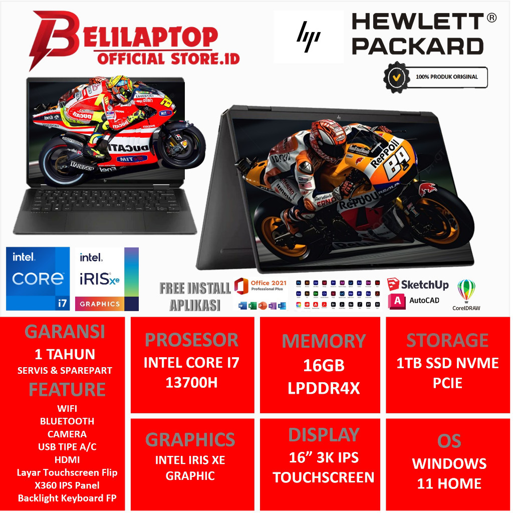 Laptop Ultrabook Hp Spectre X360 16 INTEL EVO I7 13700H RAM 16GB SSD 1TB 16"3K IPS Touchscreen