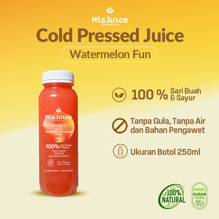 

Watermelon Fun – Cold Pressed Juice 250ml | Semangka, Nanas, Lemon | Segar, Ringan & Bantu Detoks Alami