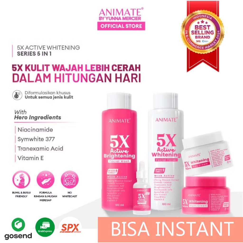 Animate Skincare Instant Whitening 5in1 Perawatan Wajah Cream Pemutih Wajah BPOM 1 paket set lengkap