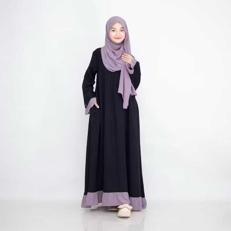 Gamis Abaya Hitam Anak Perempuan 11 Sampai 17 Tahun Liyana Syar'i Set Pashmina Bahan Ceruty Babydoll