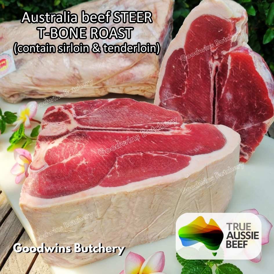 

Beef T-BONE ROAST 10cm Australia STEER (young cattle) Porterhouse TBone aged-frozen