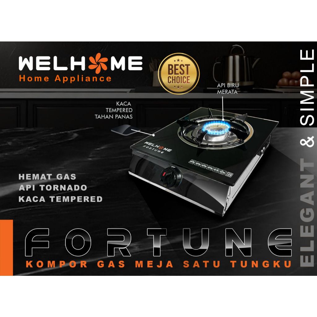 Welhome Kompor Gas Kaca 1 Tungku Fortune Kompor Gas 1 Tungku Elegant