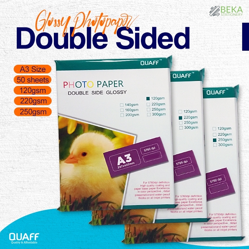 Quaff Double Sided Photo Paper/Kertas Foto Glossy Dua Sisi A3 Merek, 120gsm || 220gsm || 250gsm (50 