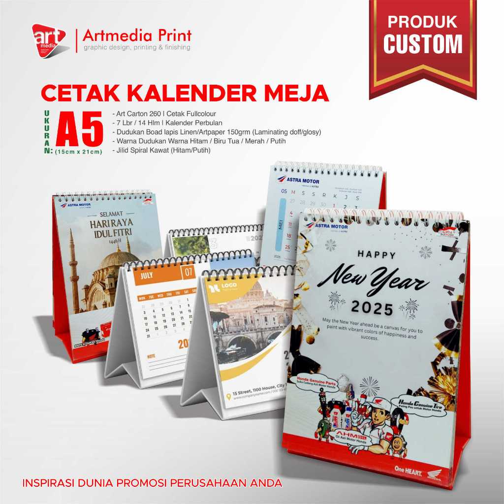 

Cetak Kalender Meja/Duduk, Ukuran A5 (15cm x 21cm), 7 Lembar/14 Halaman, Bahan Art Carton 260 grm, Dudukan Board 30 di lapis Linen/Art Paper 150 grm (Laminating doff/glosy)