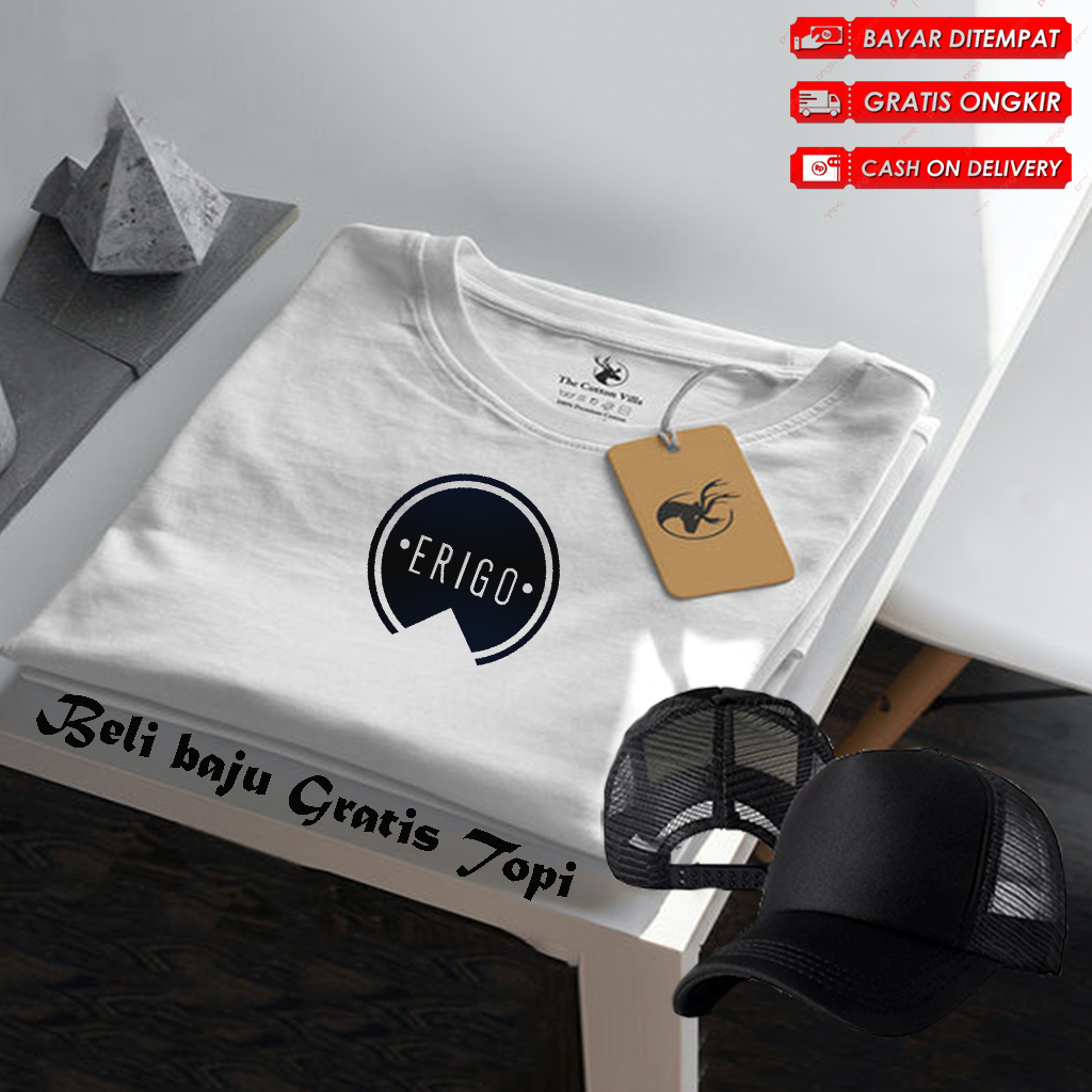 Bonus Topi Polos ... Baju Kaos Distro Logo Erigo Bulat Text Hitam Lengan Pendek Premium Quality