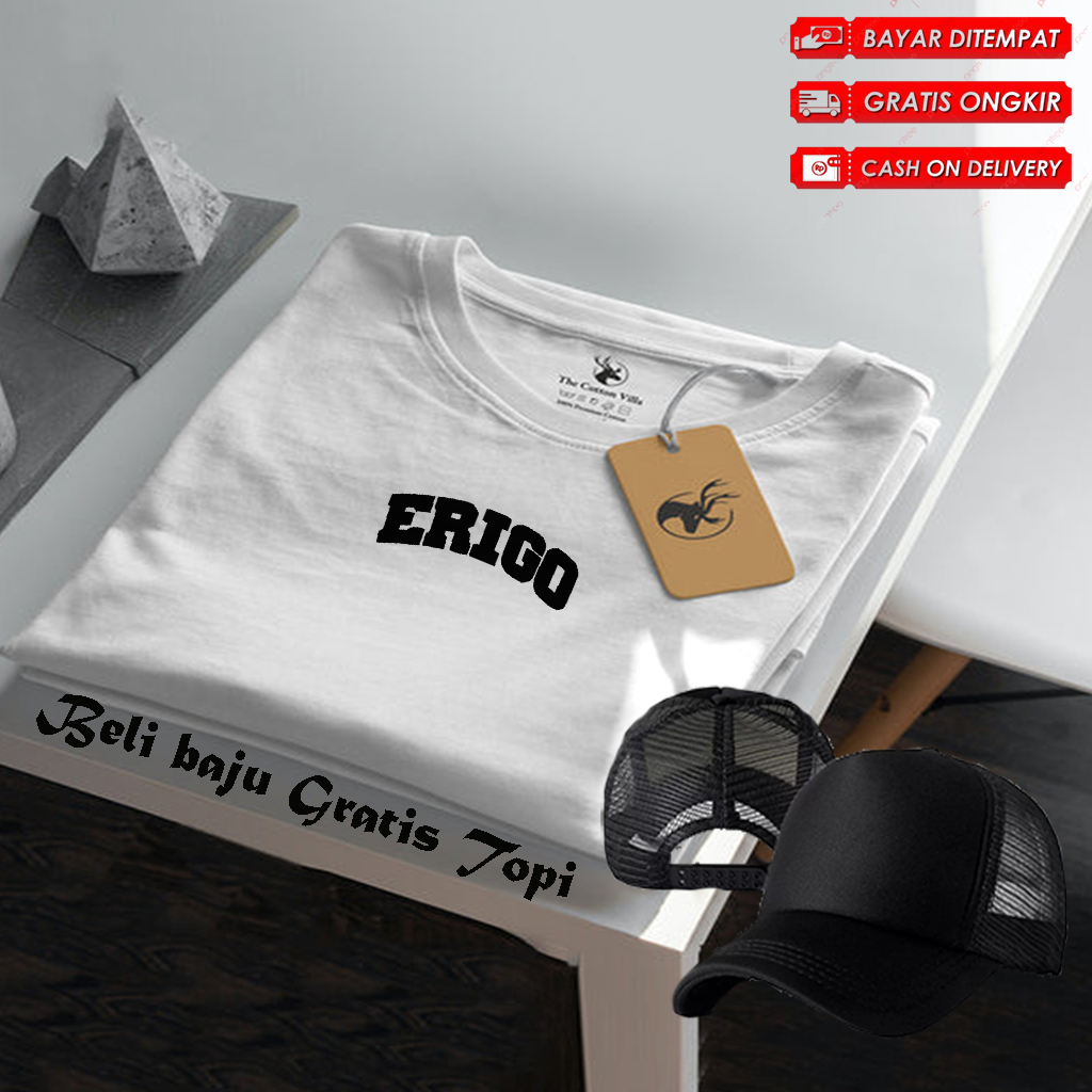 Bonus Topi Polos ... Baju Kaos Distro Logo Erigo Lengkung Text Hitam Lengan Pendek Premium Quality