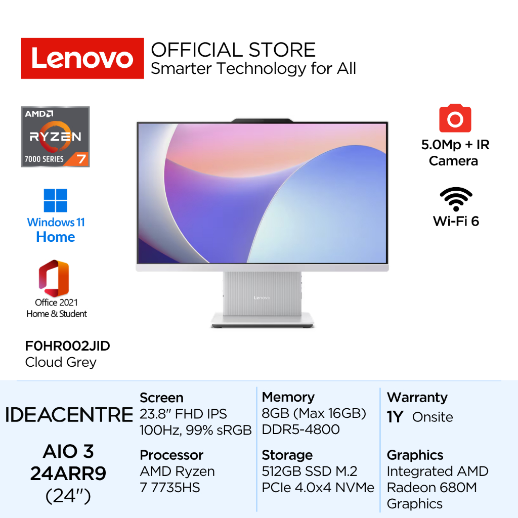 Lenovo PC IdeaCentre AIO 24ARR9 AMD Ryzen 7 7735HS Win11 8GB 512GB SSD 23.8" FHD IPS Integrated Rade