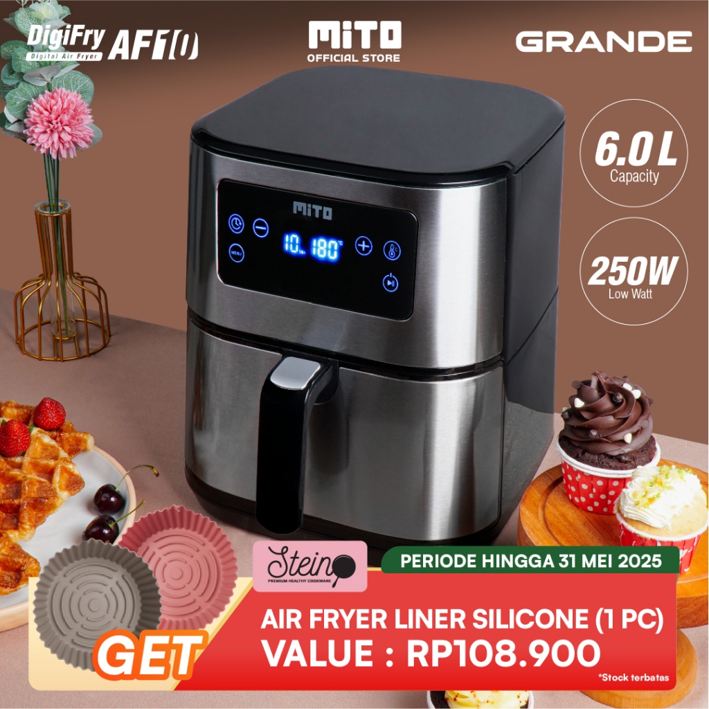 MITO Grande Air Fryer DigiFry AF10 Touch Screen Low Watt Mesin Penggoreng Tanpa Minyak 6L - Silver B