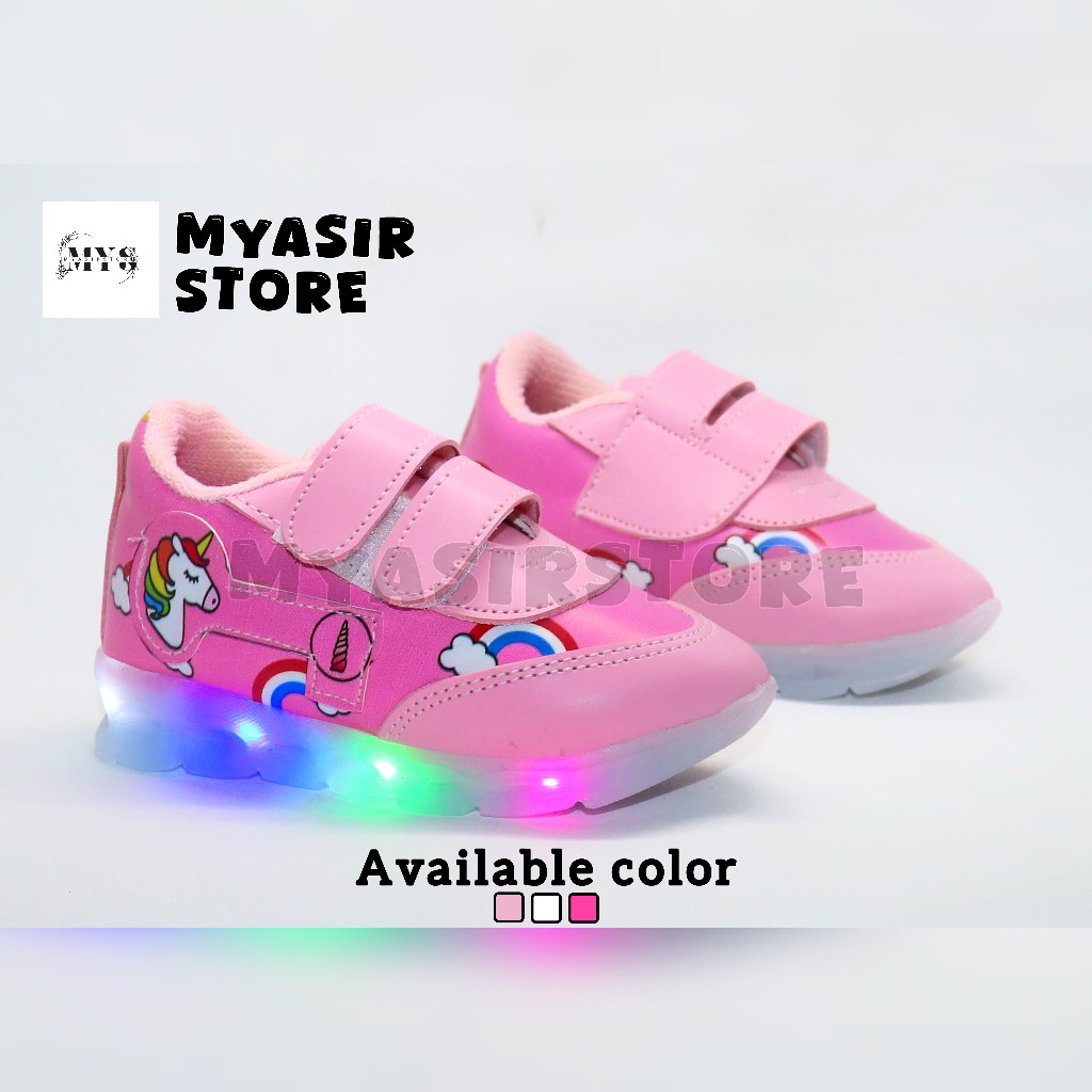 Sepatu Sneakres Anak Perempuan dengan Lampu Led Model Karakter Kuda Poni Lucu Ukuran sepatu Lebih Ke