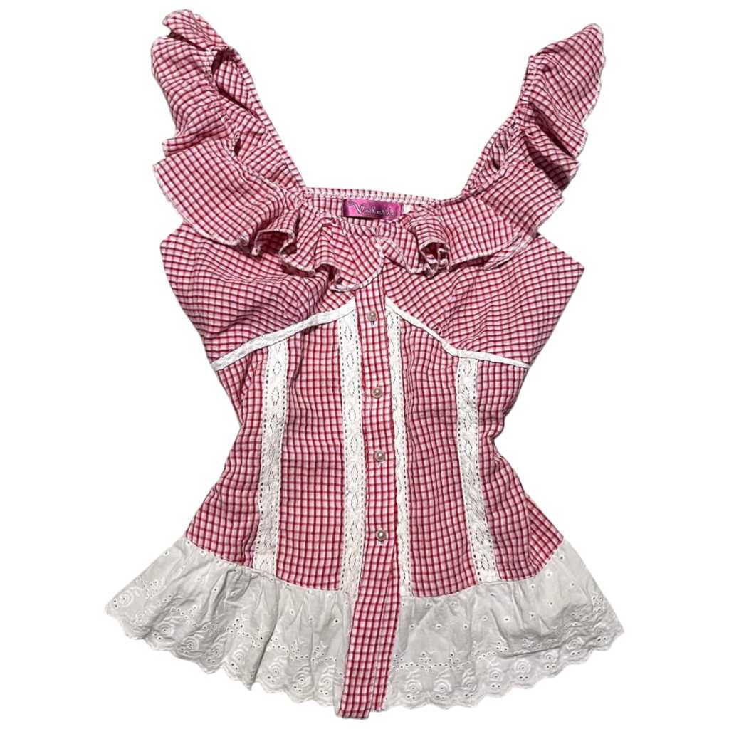 Ruffled Eyelet Checkered Milkmaid Bustier Buttoned Up Top | Blouse Corset Lace renda bodylined bodyf