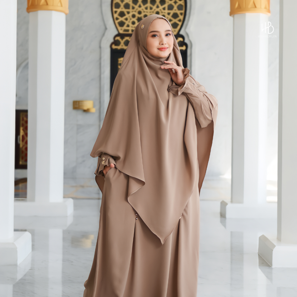Hijaberlin - Maryam Dress Wood Set Khimar FK Mazen Anti UV Gamis Syar'i Premium Haji & Umroh
