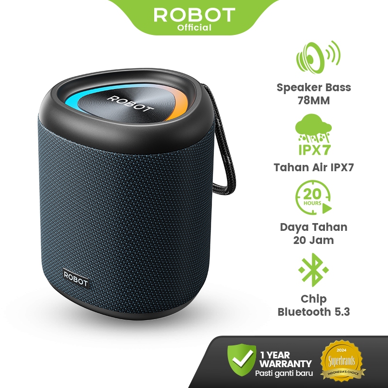 ROBOT Speaker Bluetooth Portabel 5.3 15W Super Bass 78mm with RGB Light Speaker Waterproof IPX7 RB12