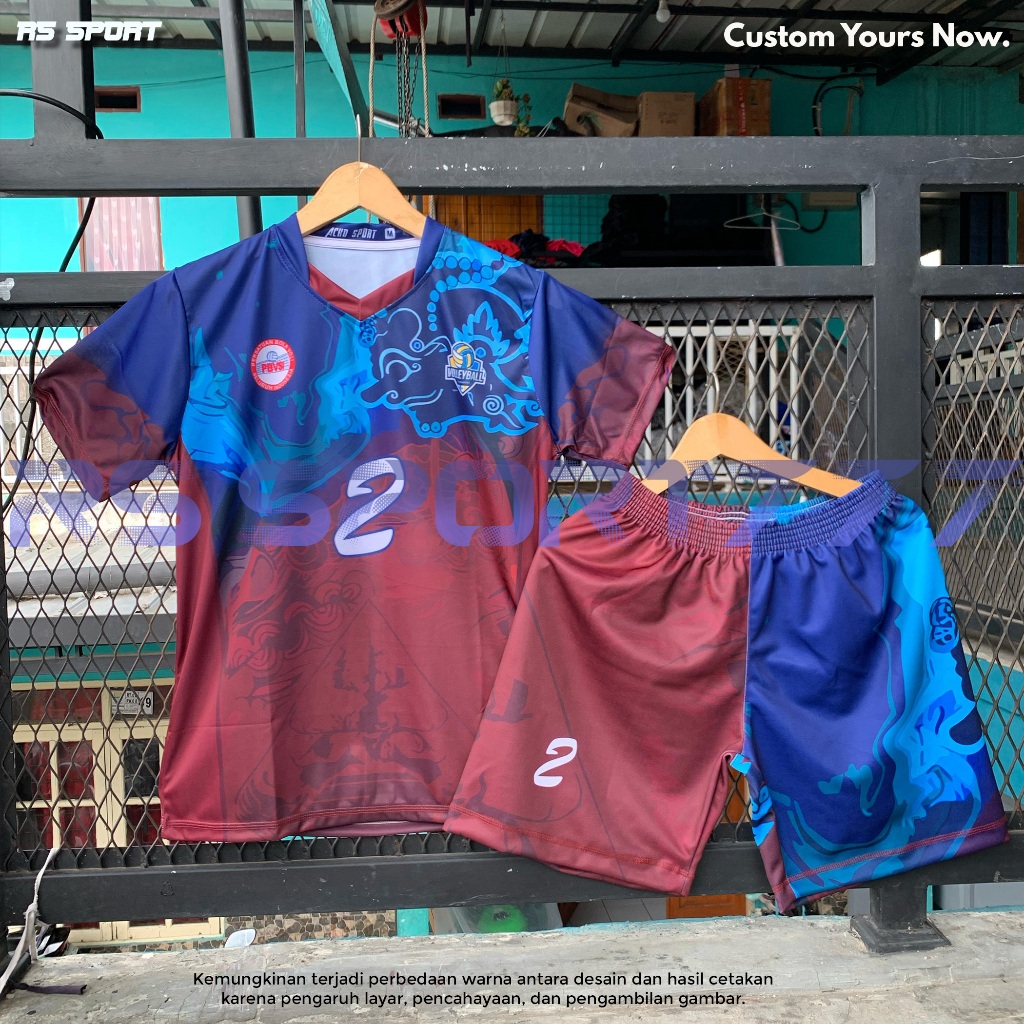 Jersey Voli Kaos Olahraga Full Printing Navy Garis Merah Biru