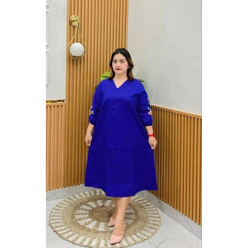 Ay00 Dress Katun Stretch Bordir Bunga-Bunga Jumbo