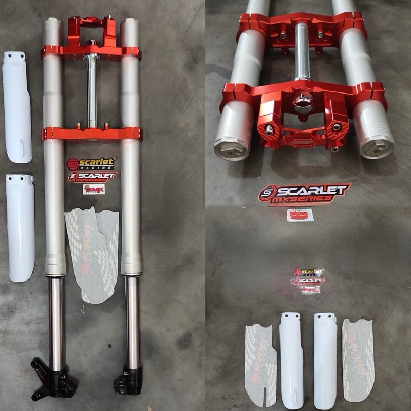 SHOCK KLX / D TRACKER USD DOUBLE ADJUSTER 910MM FULL CNC + SEAL CADANGAN + CAVER SHOCK DLL SCARLET