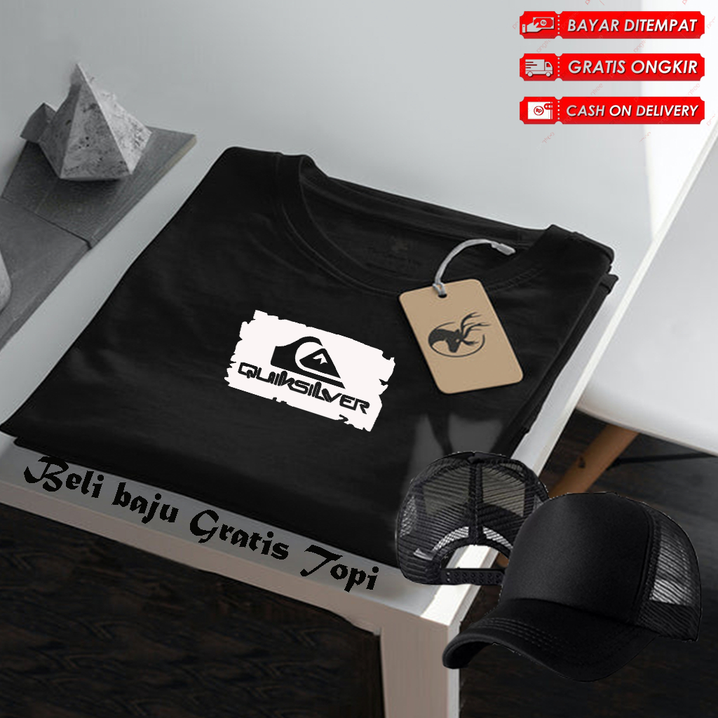 Bonus Topi Polos ...!!! Baju Kaos Distro Logo Quiksilver Blok Text Putih Lengan Pendek Premium Quali