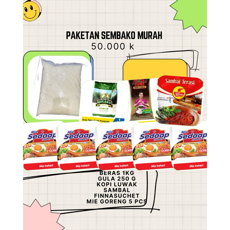 

Paket Sembako Murah Lengkap,, isi Beras + sambel Uleg + Gula + Mie Instant, yang cocok untuk memenuhi kebutuhan dapur bunda