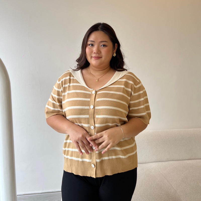 ONIE Atasan wanita Kerah Sailor Bergaris/ Baju Blouse Jumbo Rajut Kancing