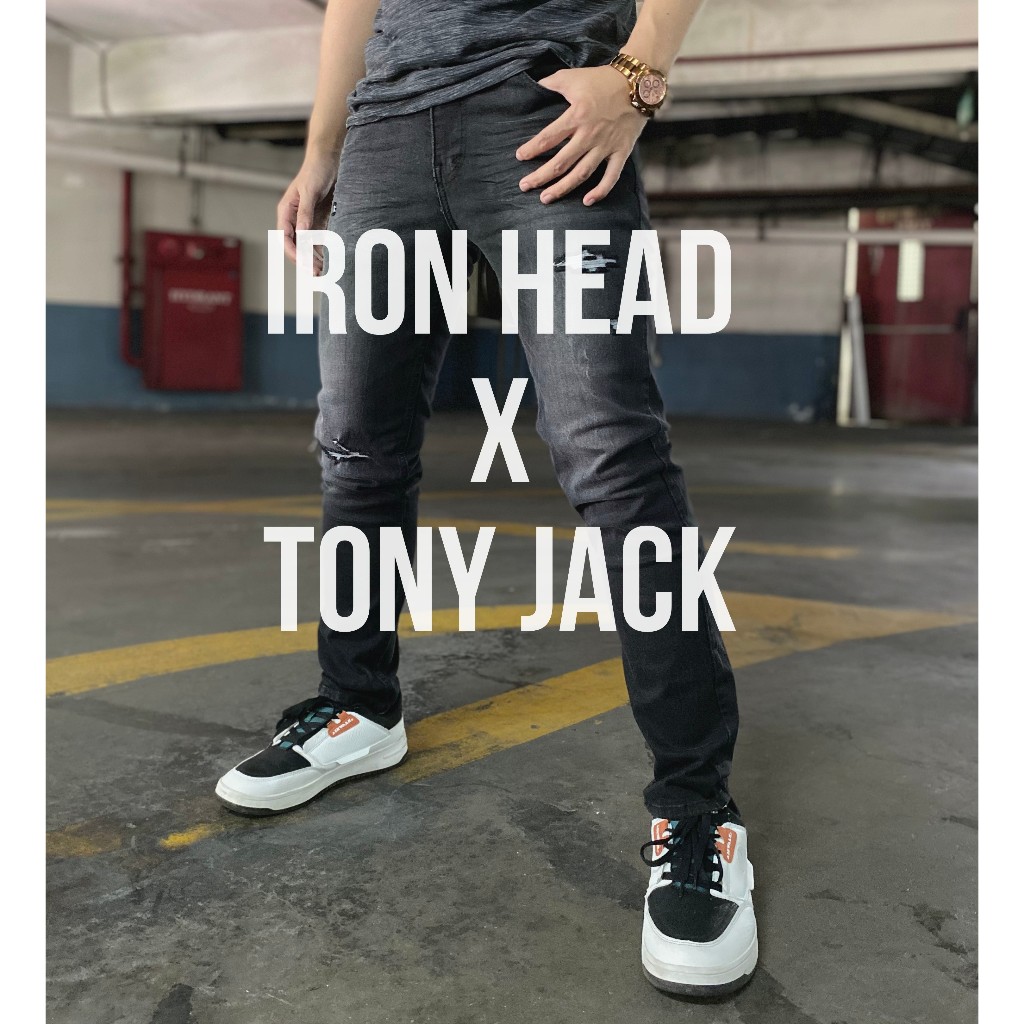 Iron Head x Tony Jack Slimfit Jeans Pria Osaka Denim Series Ripped Jeans Celana Jeans Sobek Dark Gre