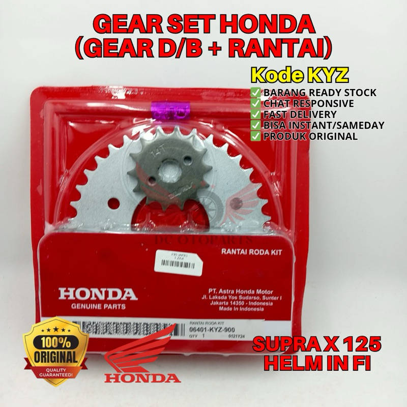 KYZ GEAR SET D/B HONDA SUPRA X 125, PAKET GEAR SET ORIGINAL SUPRA, RANTAI HONDA HELM IN FI, PAKET GE