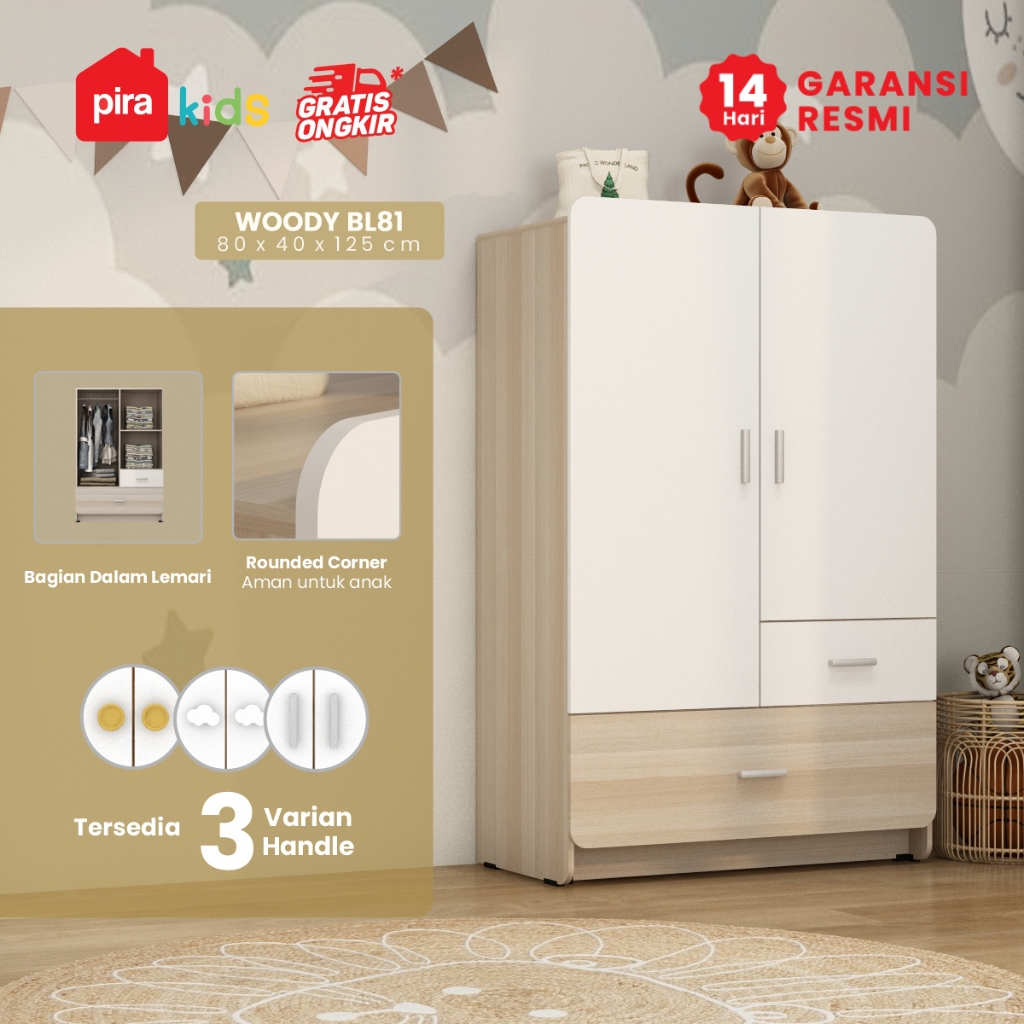 PIRA KIDS - WOODY BL81 Lemari Pakaian Anak 2 Pintu dengan Gantungan