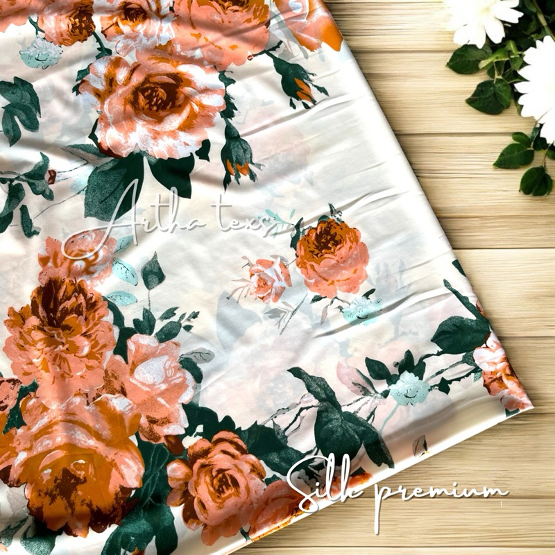 kain silk premium motif bunga bahan mukena