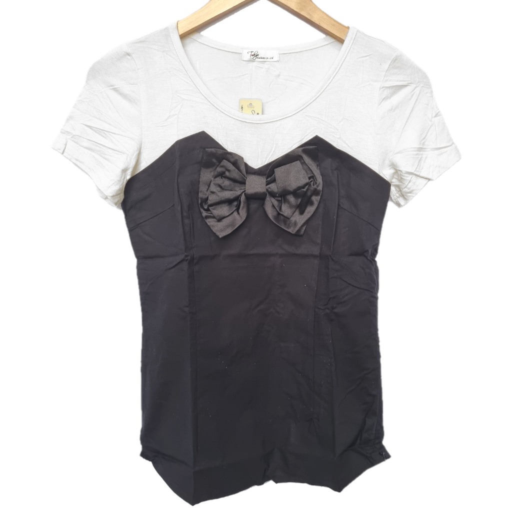Iyesh 0811 Busana Baju Pakaian Fashion Wanita Atasan Blus Blouse Lengan Pendek Kaos Katun Pita Putih