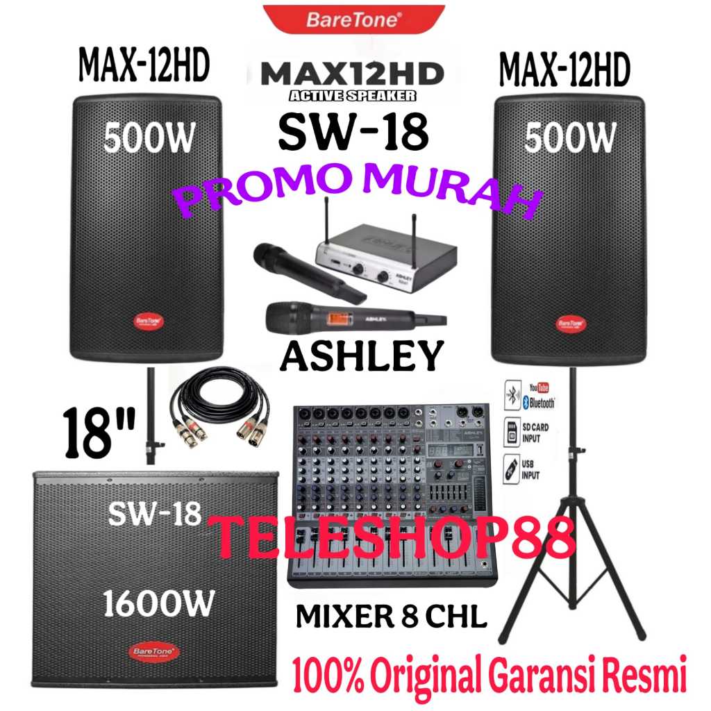 Promo Paket Sound System Speaker Aktif 12 Inch Baretone MAX12HD+Subwoofer Baretone 18 Inch+Mixer Ash