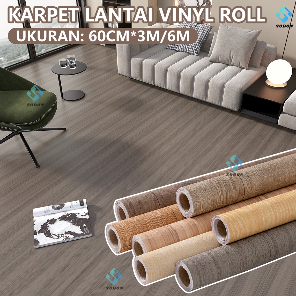 Karpet Lantai Vinyl Gulungan / Karpet Vinyl Motif Kayu Anti Lembab 【Ukuran 60Cm×3M/6M】/ Karpet Lanta
