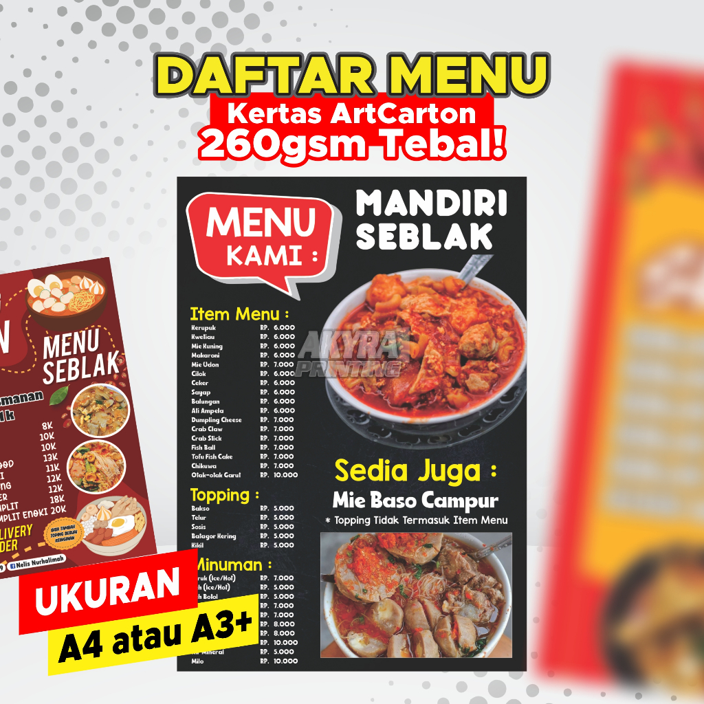 

Cetak Daftar Menu Seblak Kekinian | ArtCarton 260 gsm Tebal | Free Desain Template