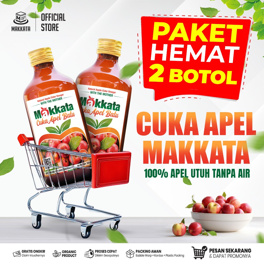 PAKET HEMAT 2 BOTOL Cuka Apel Makkata Original With Mother 100% Sari Apel Utuh Tanpa Campuran Air