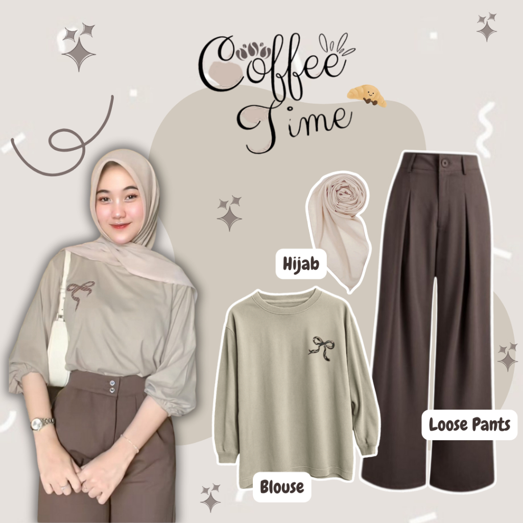 One Set Outfit Wanita 3in1 ( Blouse Khaki Lengan Balon  + Loose Pants Jennie Knit Choco Premium + Se