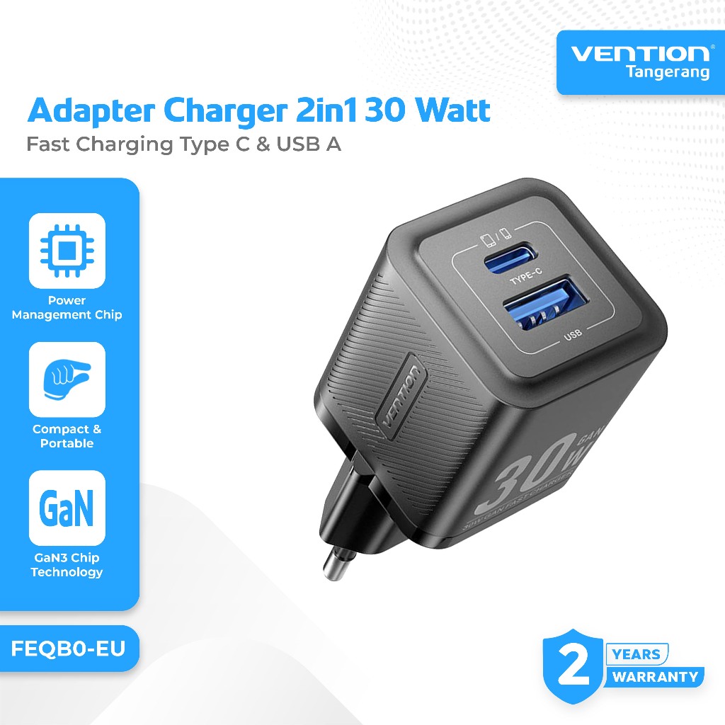 Vention Adapter Kepala Charger 2 in 1 30W Type C - USB A GaN Fast Charging Wall Charger Black - FEQB