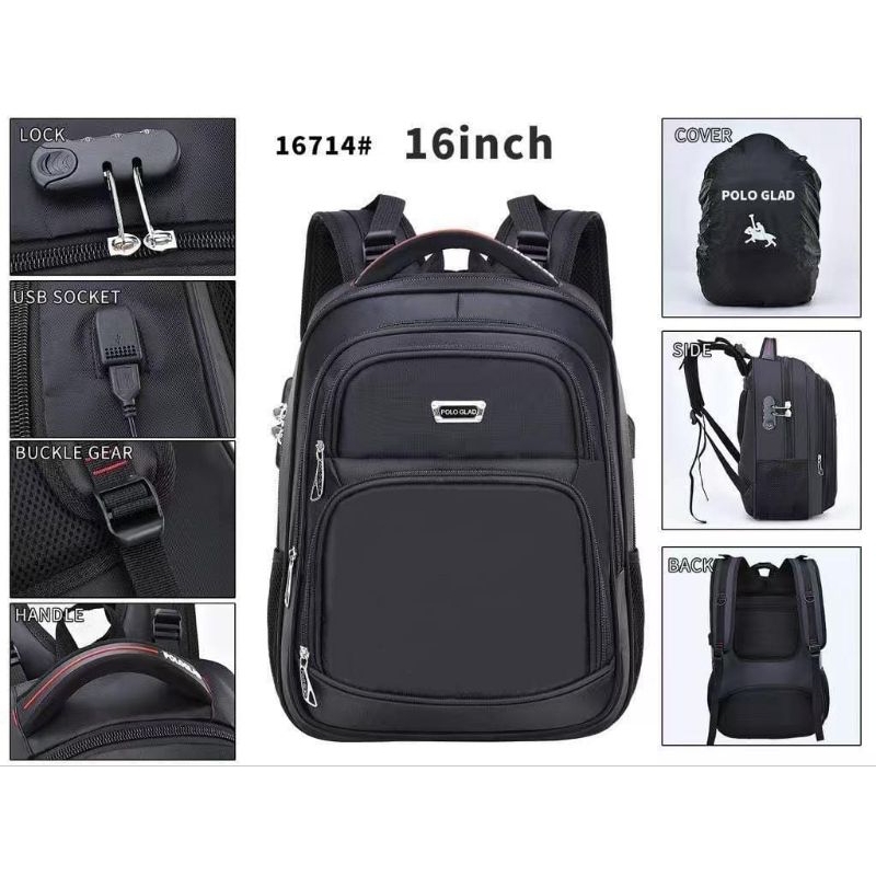 POLO GLAD Tas Ransel Sekolah 16 Inch Ransel Kerja Backpack Pria Wanita  ORIGINAL POLO