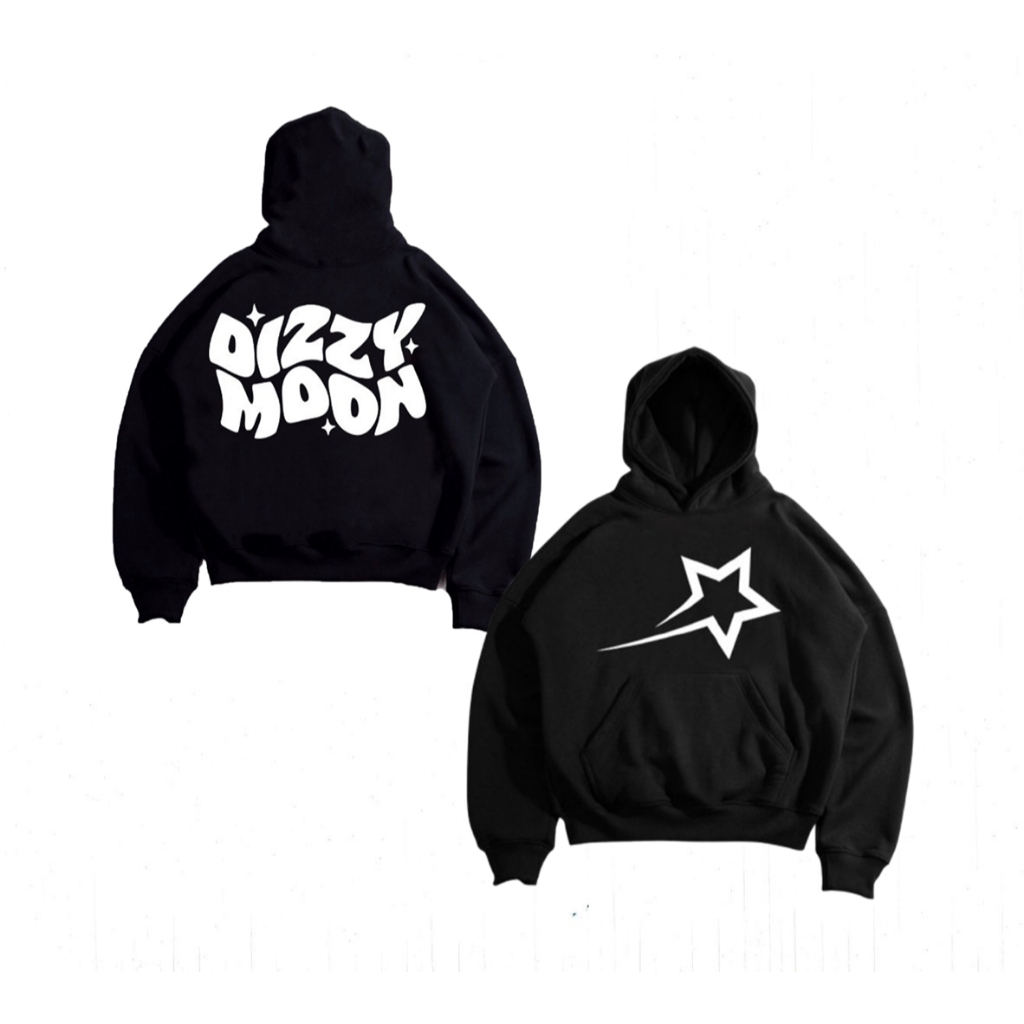 Oversize Hoodie Boxy Dizzy Moon Hitam Unisex Bahan Full Katun Tebal